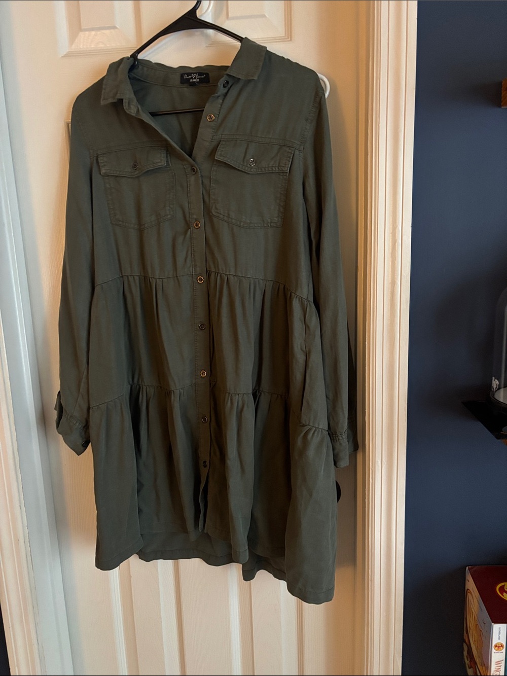 Button-Front Olive Tiered Shirt Dress